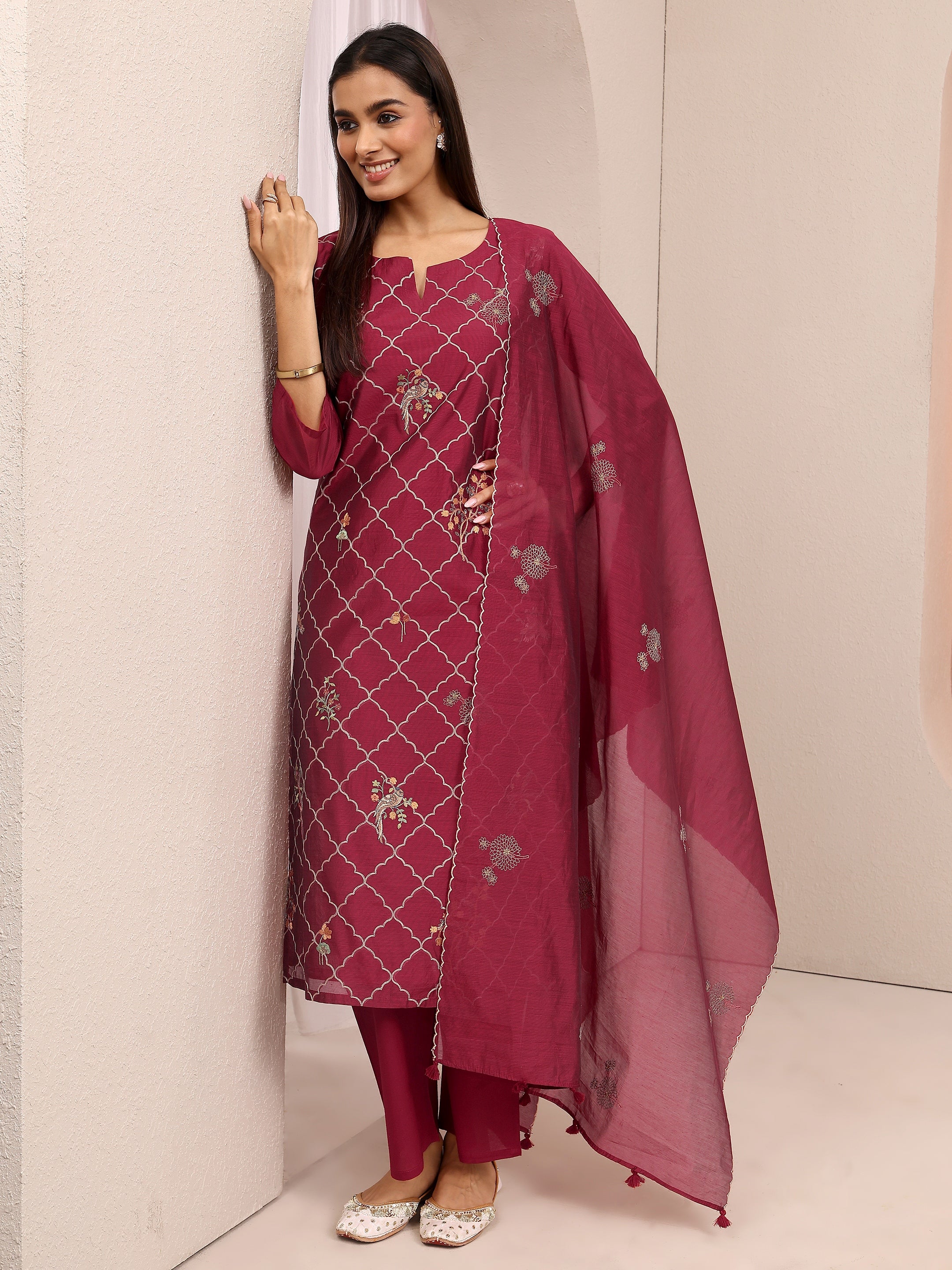 Maroon Embroidered Silk blend Straight Suit Set With Dupatta-image-35