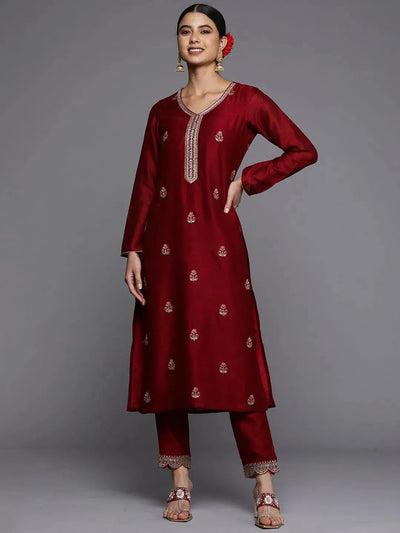 Maroon Embroidered Silk Straight Kurta - Libas