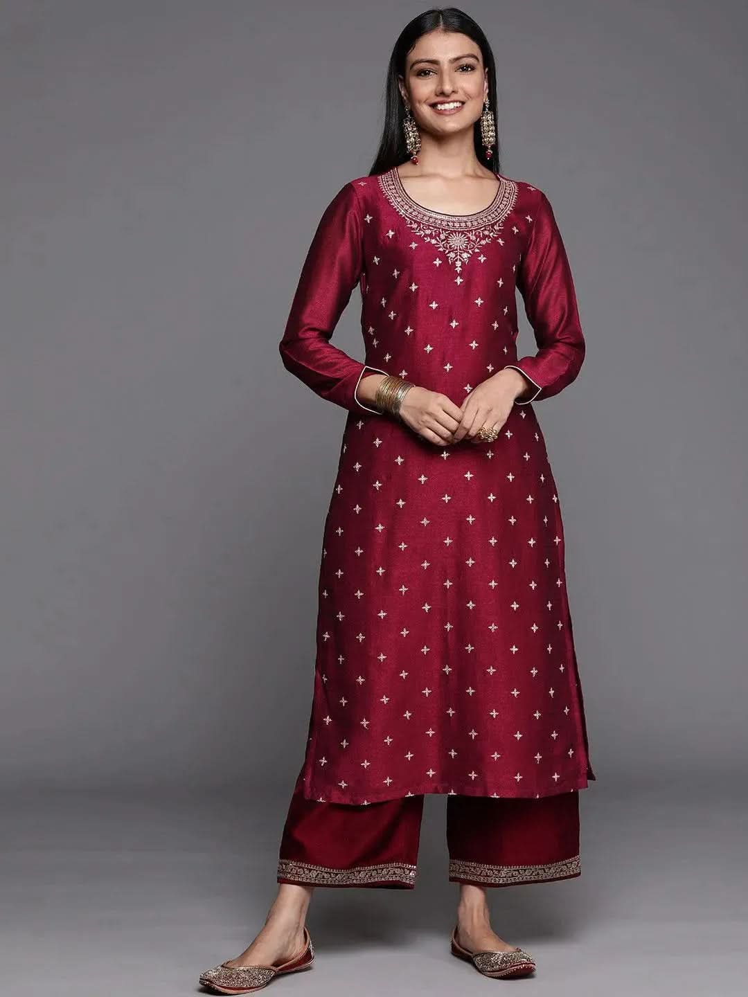 

Maroon Embroidered Silk Straight Kurta
