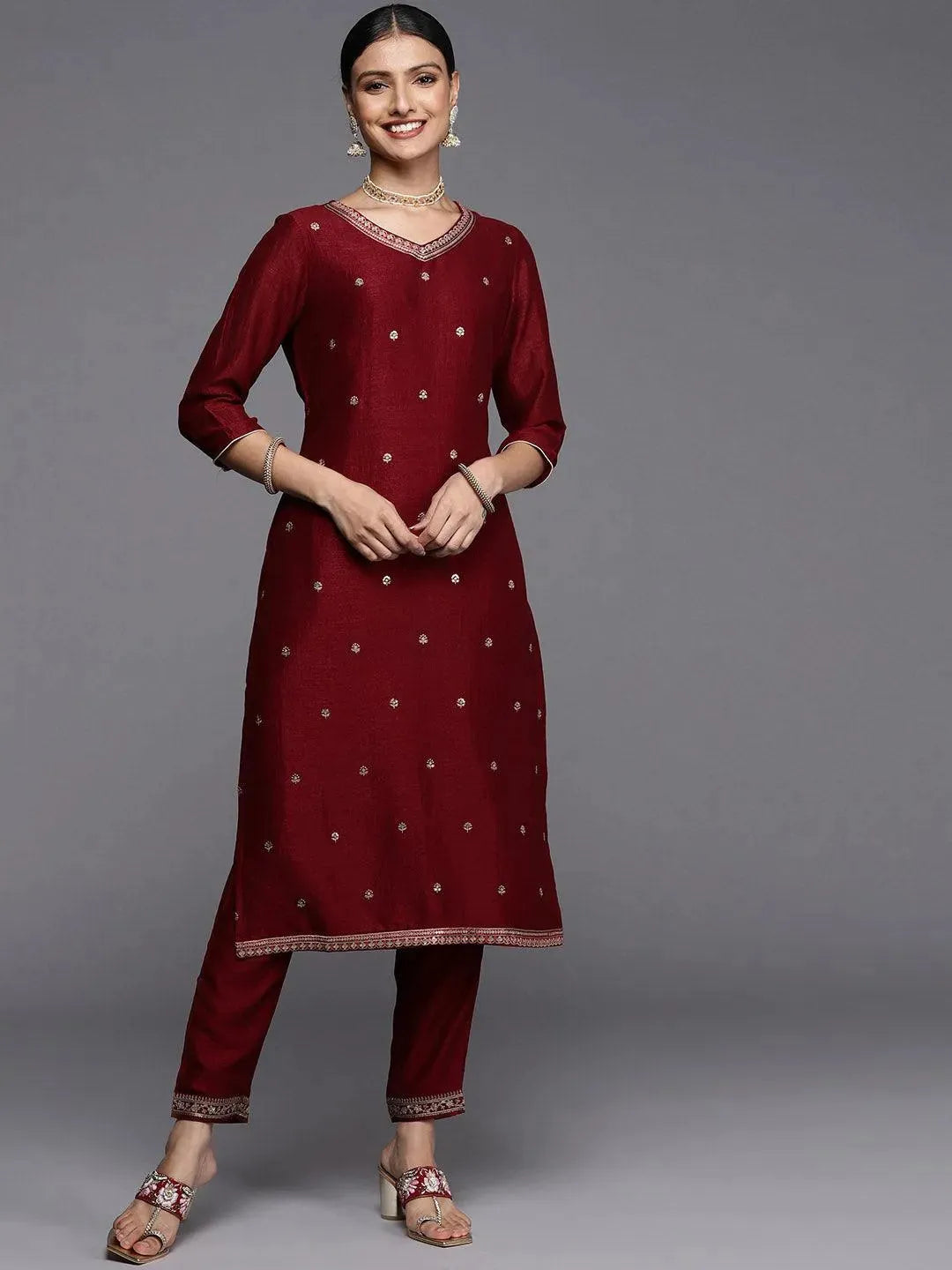 Maroon Embroidered Silk Straight Kurta - Libas