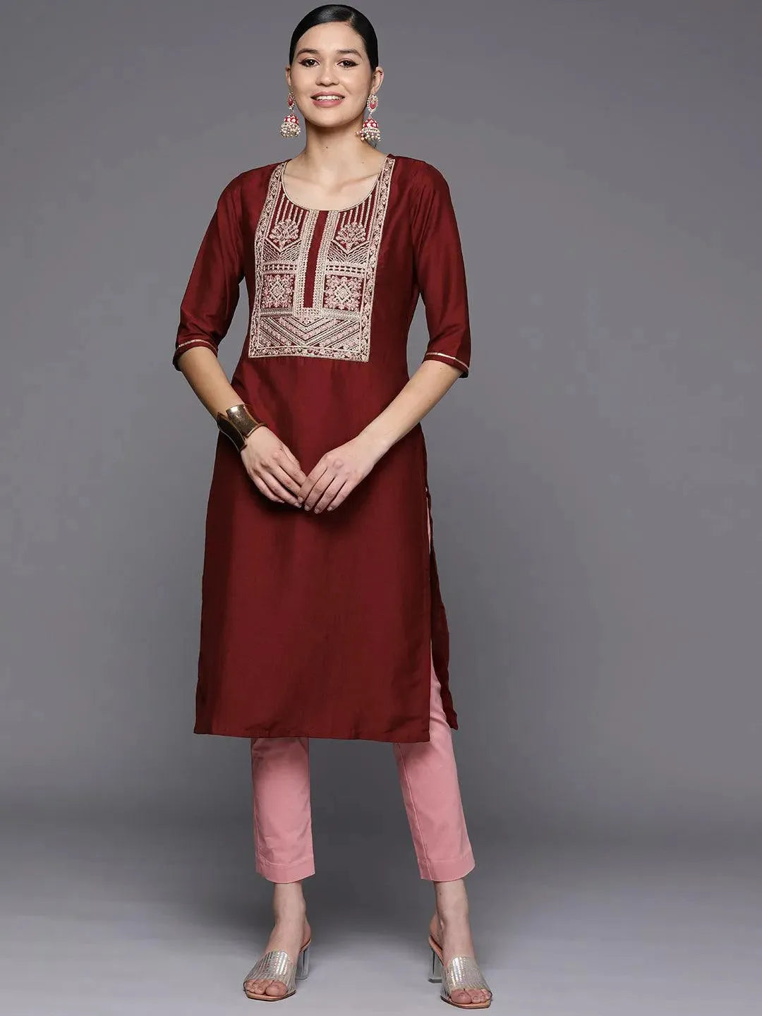 Maroon Embroidered Silk Straight Kurta - Libas