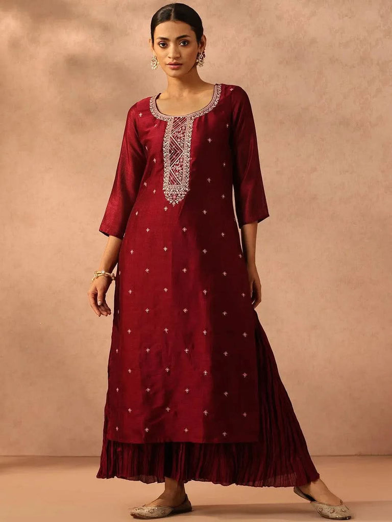 Libas Maroon Embroidered Silk Straight Kurta