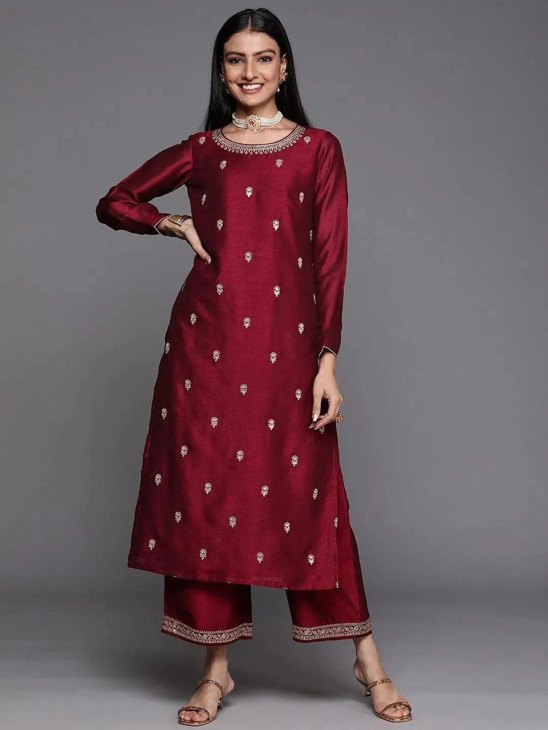 Maroon Embroidered Silk Straight Kurta - Libas