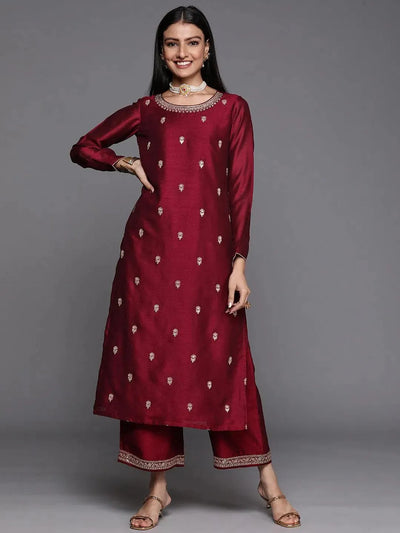 Maroon Embroidered Silk Straight Kurta - Libas