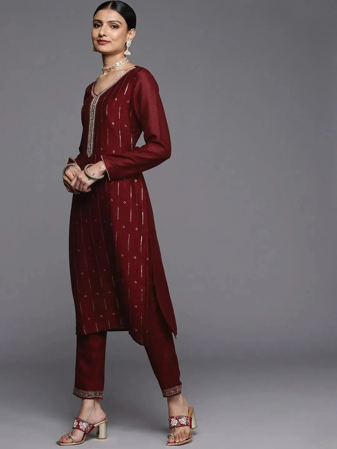 Maroon Embroidered Silk Straight Kurta - Libas 