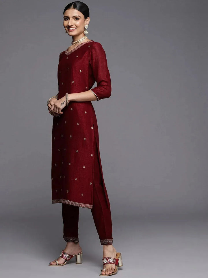 Maroon Embroidered Silk Straight Kurta - Libas