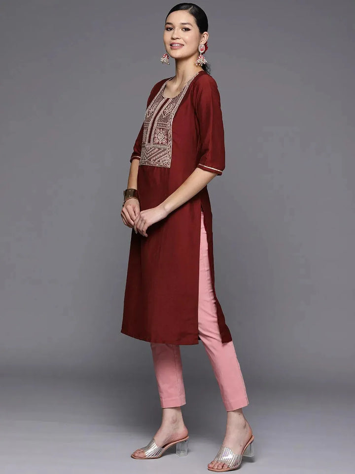 Maroon Embroidered Silk Straight Kurta - Libas