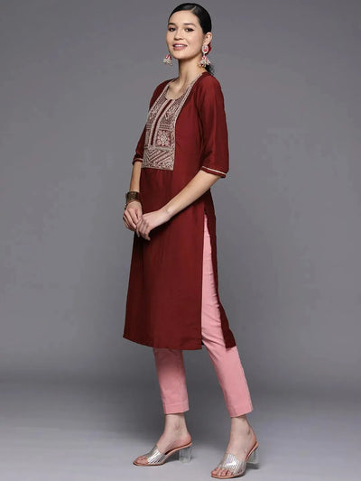 Maroon Embroidered Silk Straight Kurta - Libas