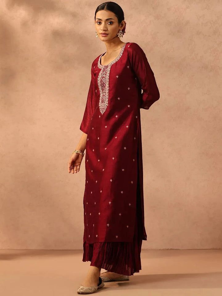 Maroon Embroidered Silk Straight Kurta - Libas