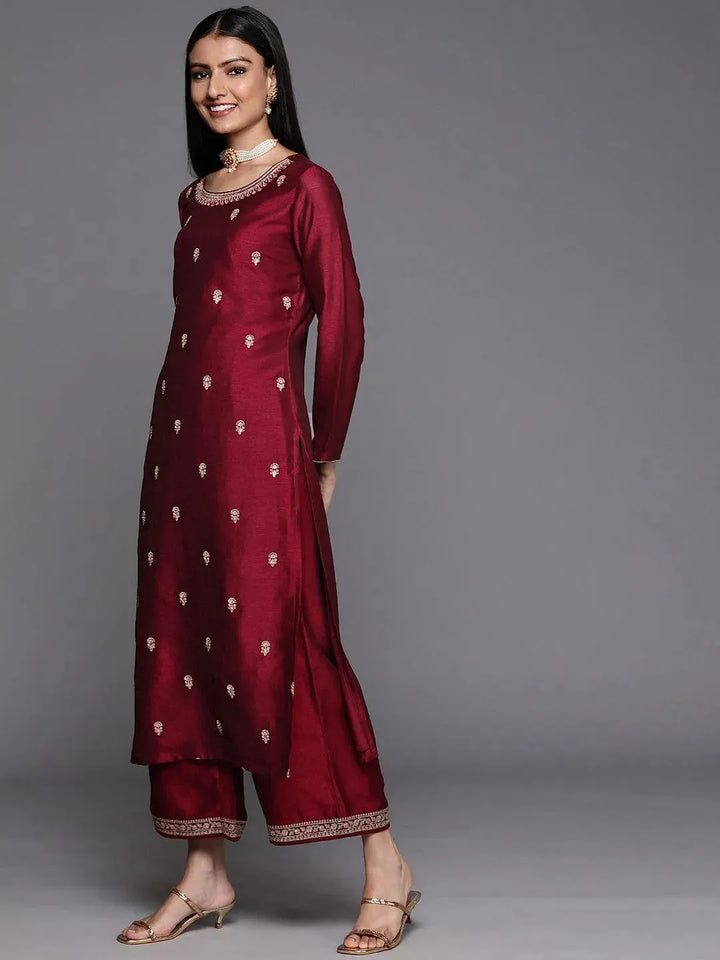 Maroon Embroidered Silk Straight Kurta - Libas