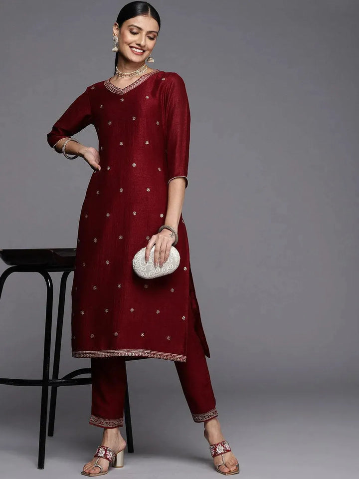 Maroon Embroidered Silk Straight Kurta - Libas