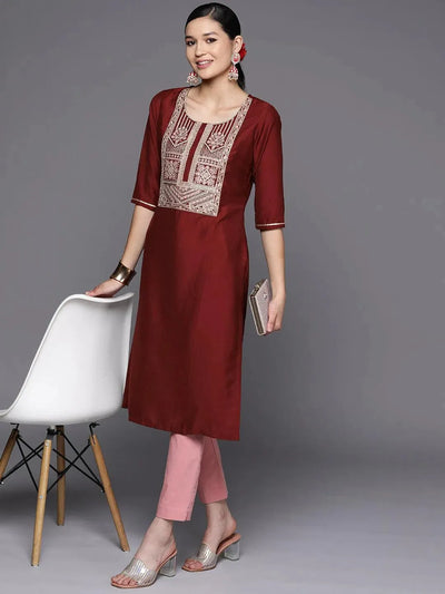 Maroon Embroidered Silk Straight Kurta - Libas