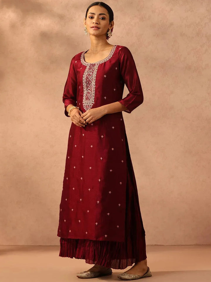 Maroon Embroidered Silk Straight Kurta - Libas