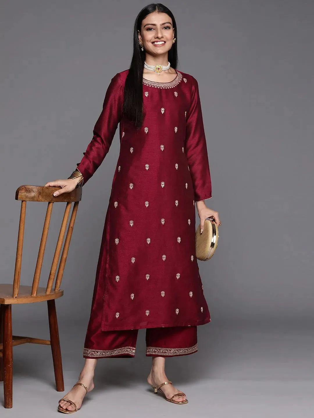 Maroon Embroidered Silk Straight Kurta - Libas