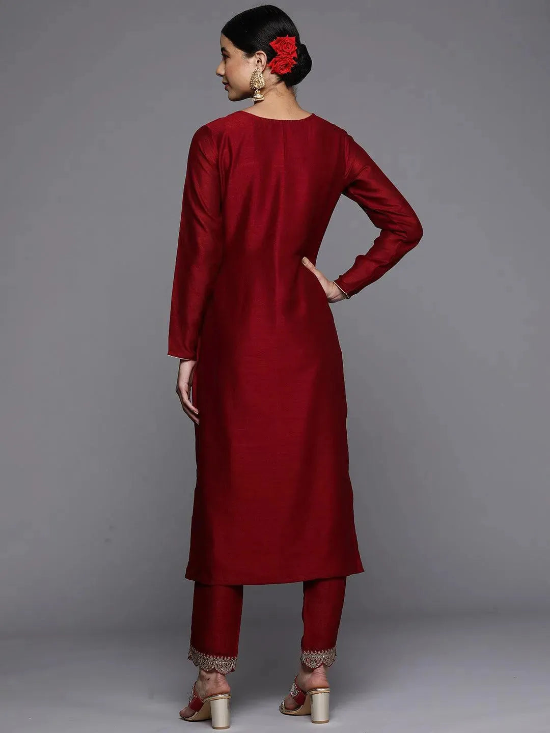 Maroon Embroidered Silk Straight Kurta - Libas 