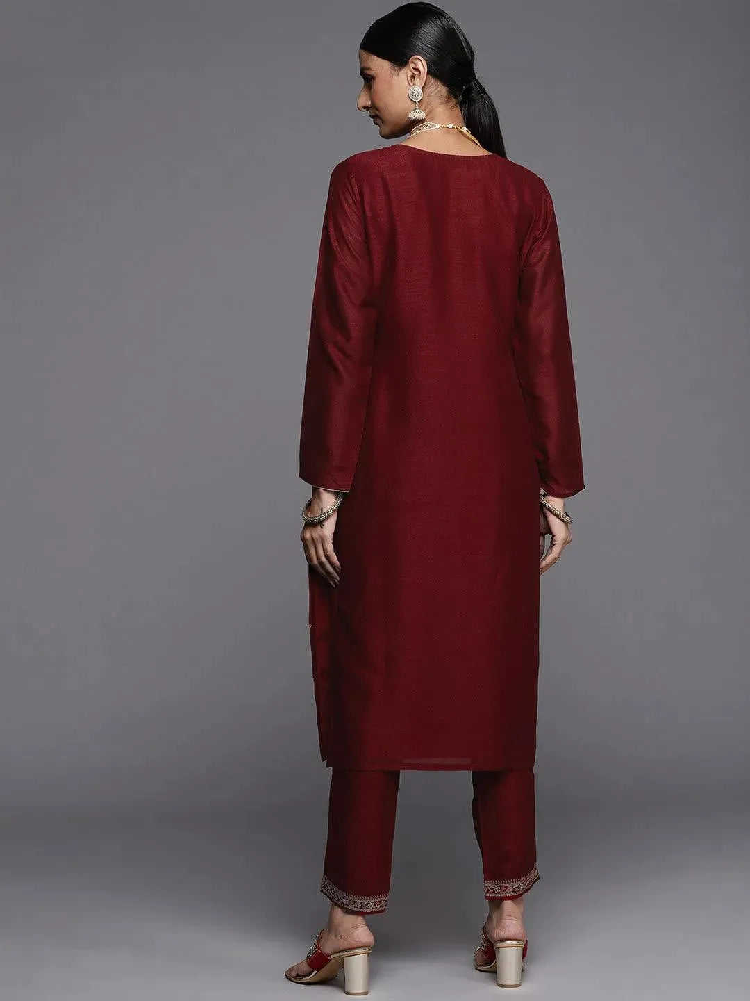 Maroon Embroidered Silk Straight Kurta - Libas 