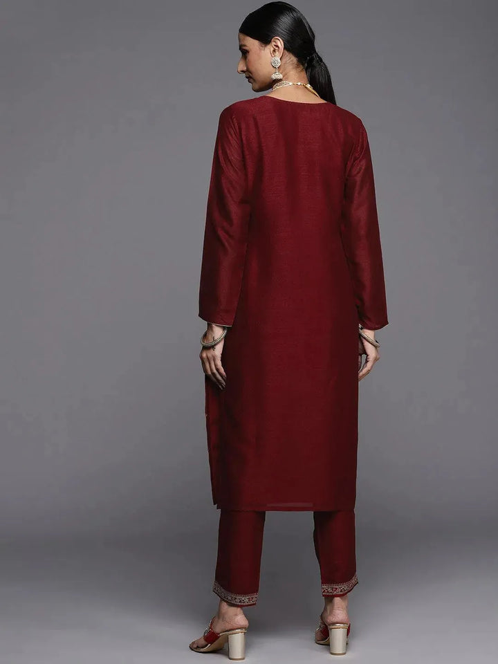 Maroon Embroidered Silk Straight Kurta - Libas