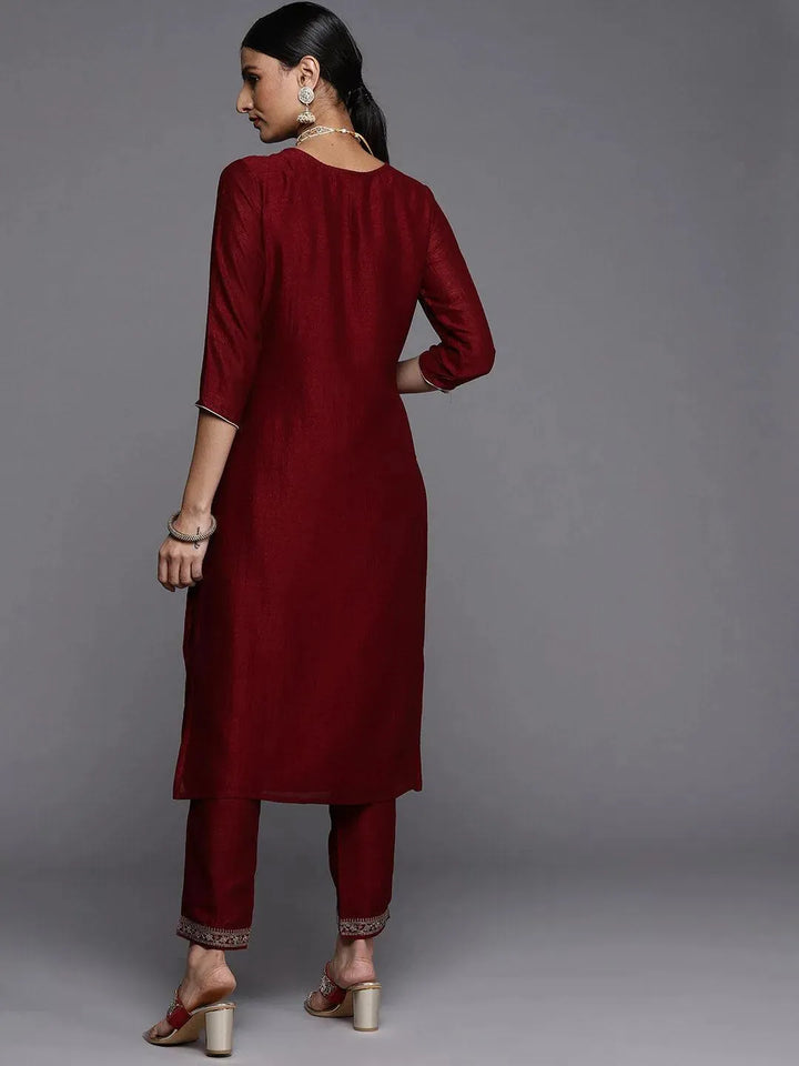 Maroon Embroidered Silk Straight Kurta - Libas