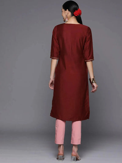 Maroon Embroidered Silk Straight Kurta - Libas