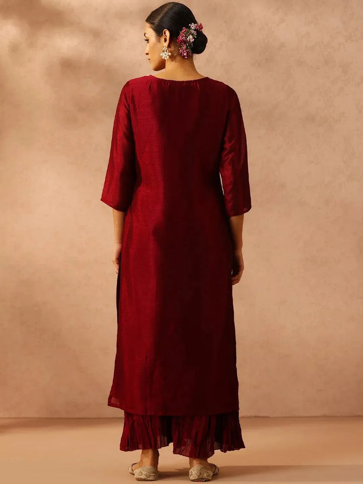 Maroon Embroidered Silk Straight Kurta - Libas