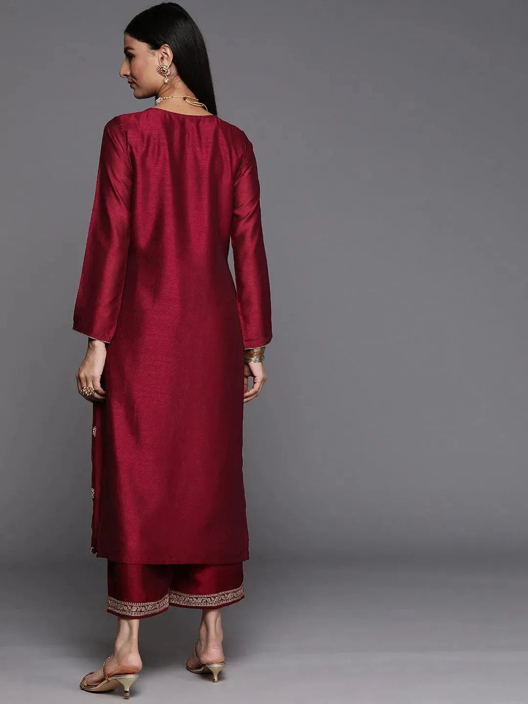 Maroon Embroidered Silk Straight Kurta - Libas