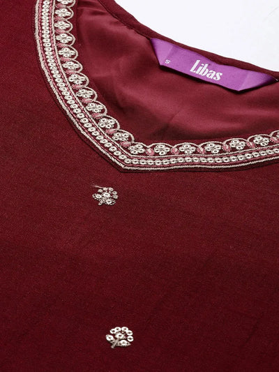 Maroon Embroidered Silk Straight Kurta - Libas