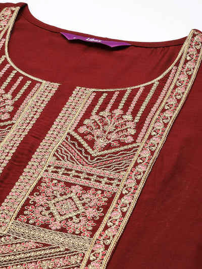 Maroon Embroidered Silk Straight Kurta - Libas
