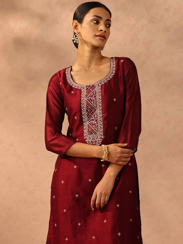 Maroon Embroidered Silk Straight Kurta - Libas