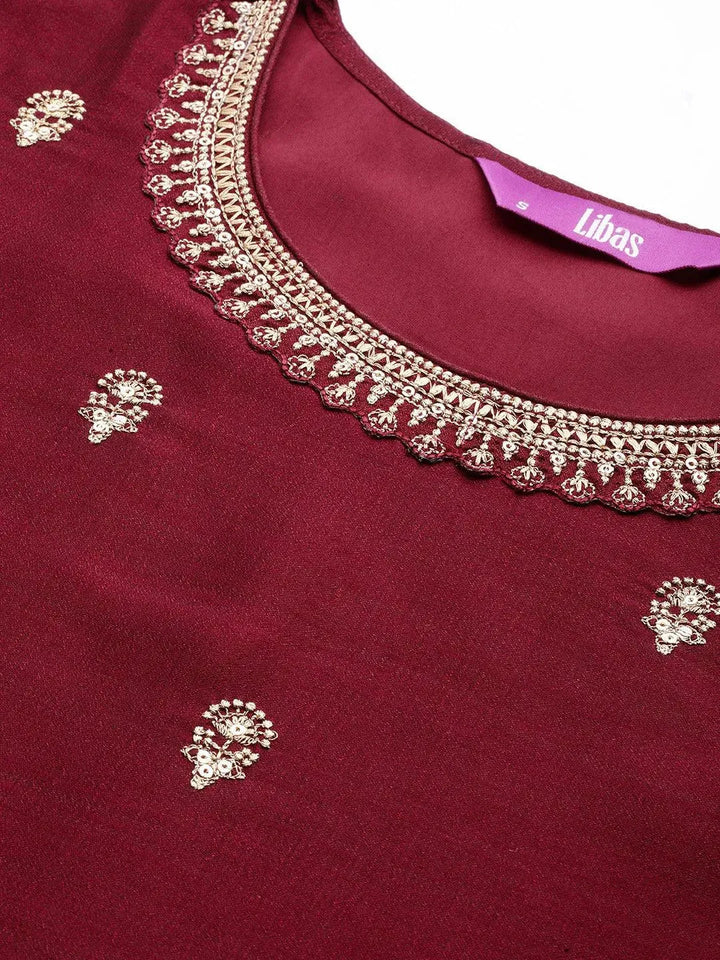 Maroon Embroidered Silk Straight Kurta - Libas