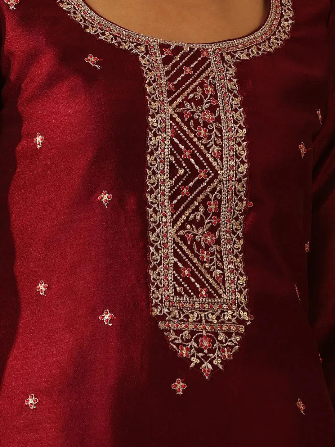 Maroon Embroidered Silk Straight Kurta - Libas 