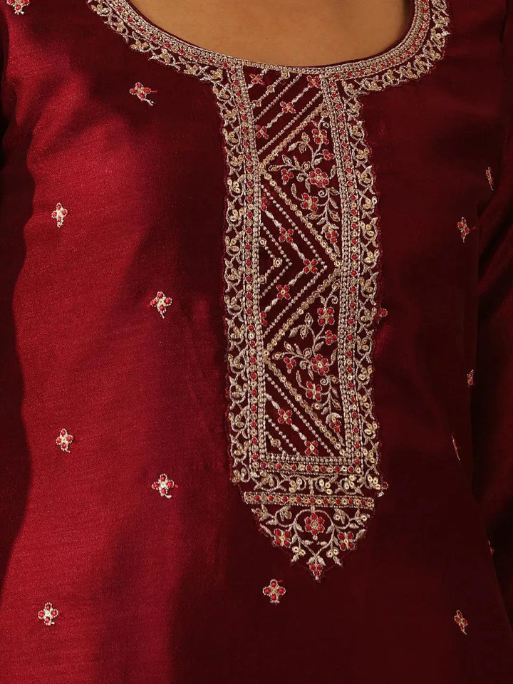 Maroon Embroidered Silk Straight Kurta - Libas