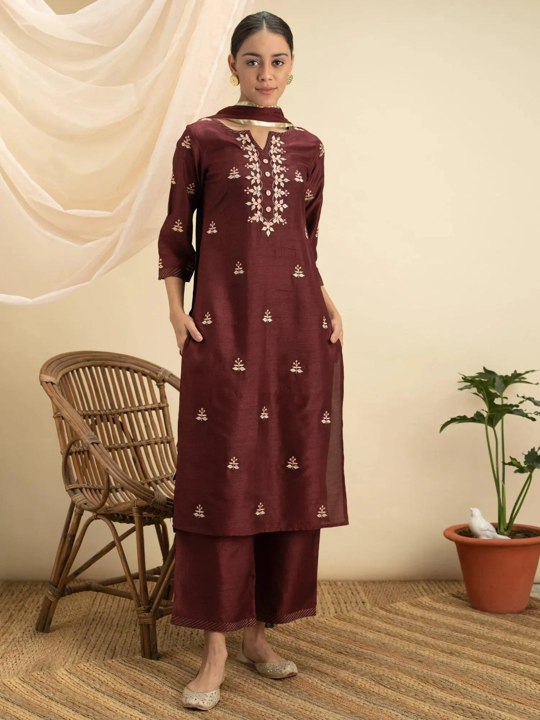 Maroon Embroidered Silk Suit Set - Libas 