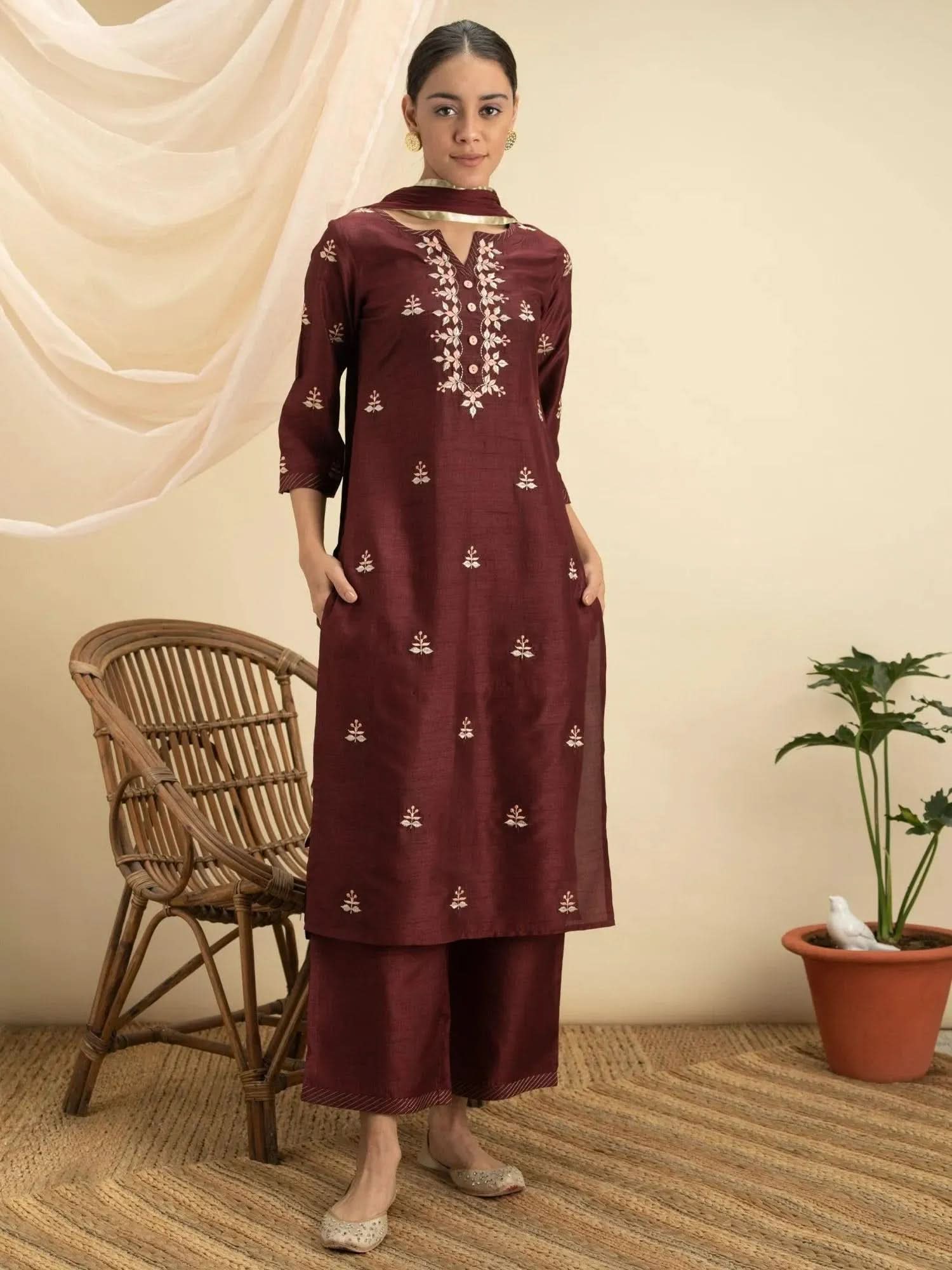 

Buy Maroon Embroidered Silk Suit Set - 20027O- | Libas Ethnic Wear Online