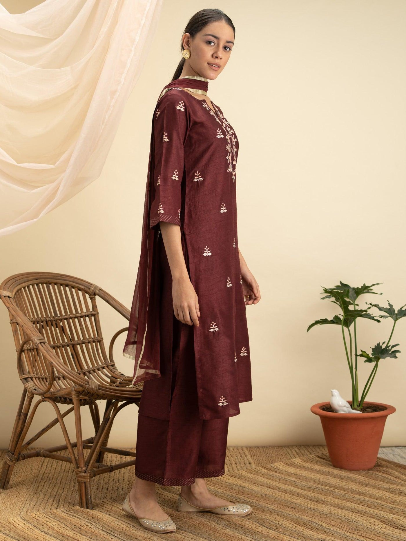 Maroon Embroidered Silk Suit Set - Libas