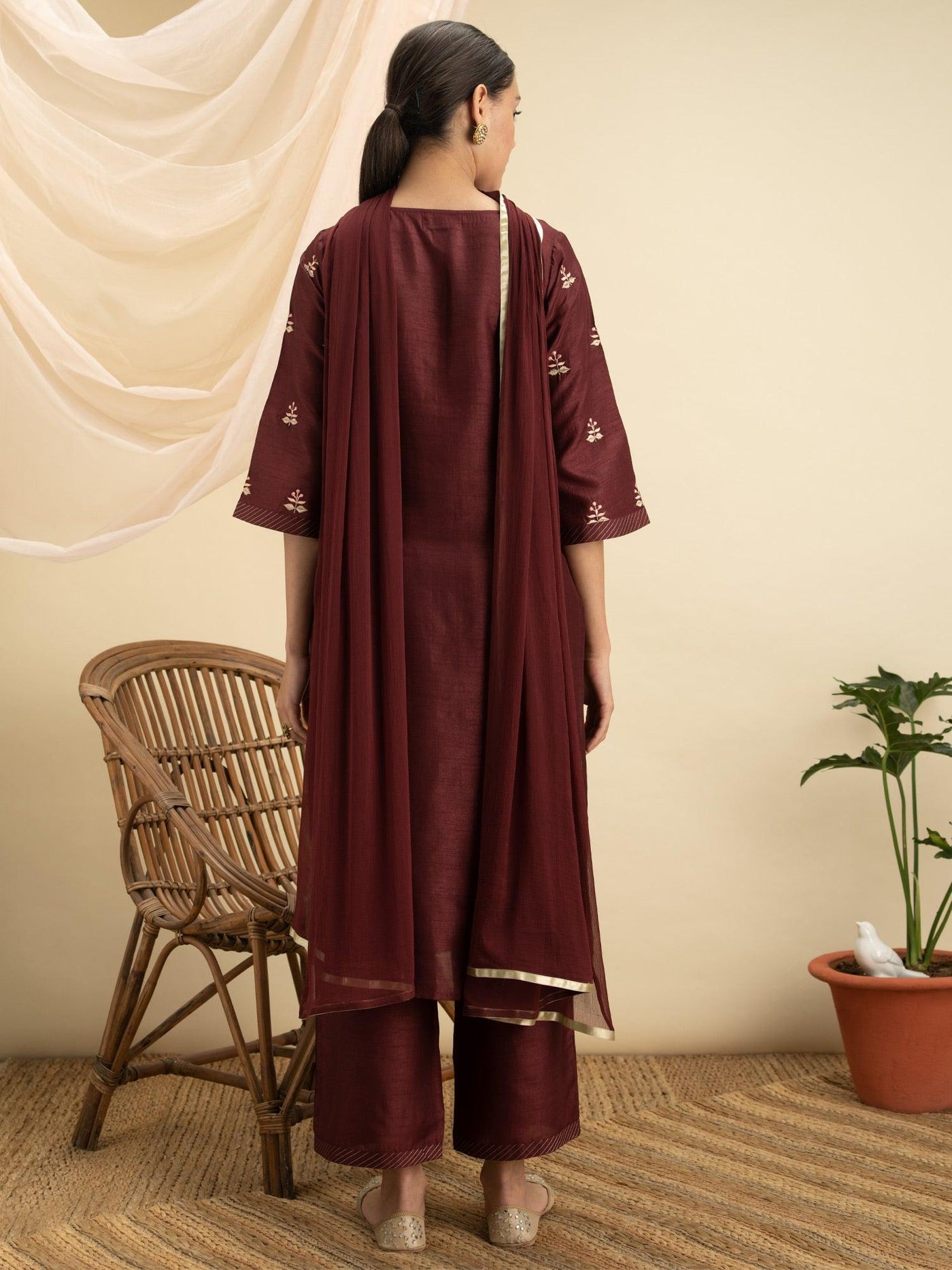 Maroon Embroidered Silk Suit Set - Libas