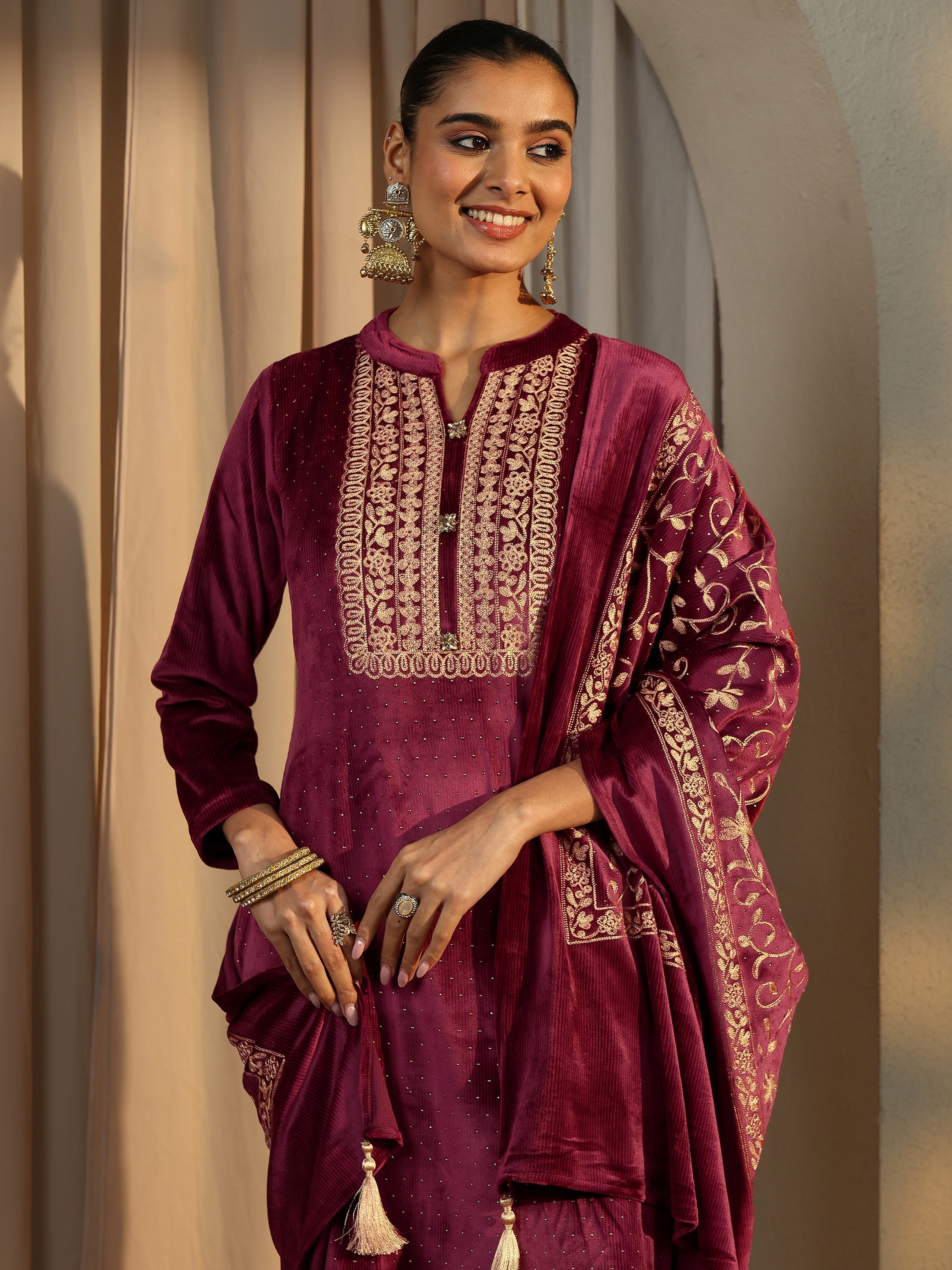 Maroon Embroidered Velvet Straight Suit Set With Dupatta-image-34