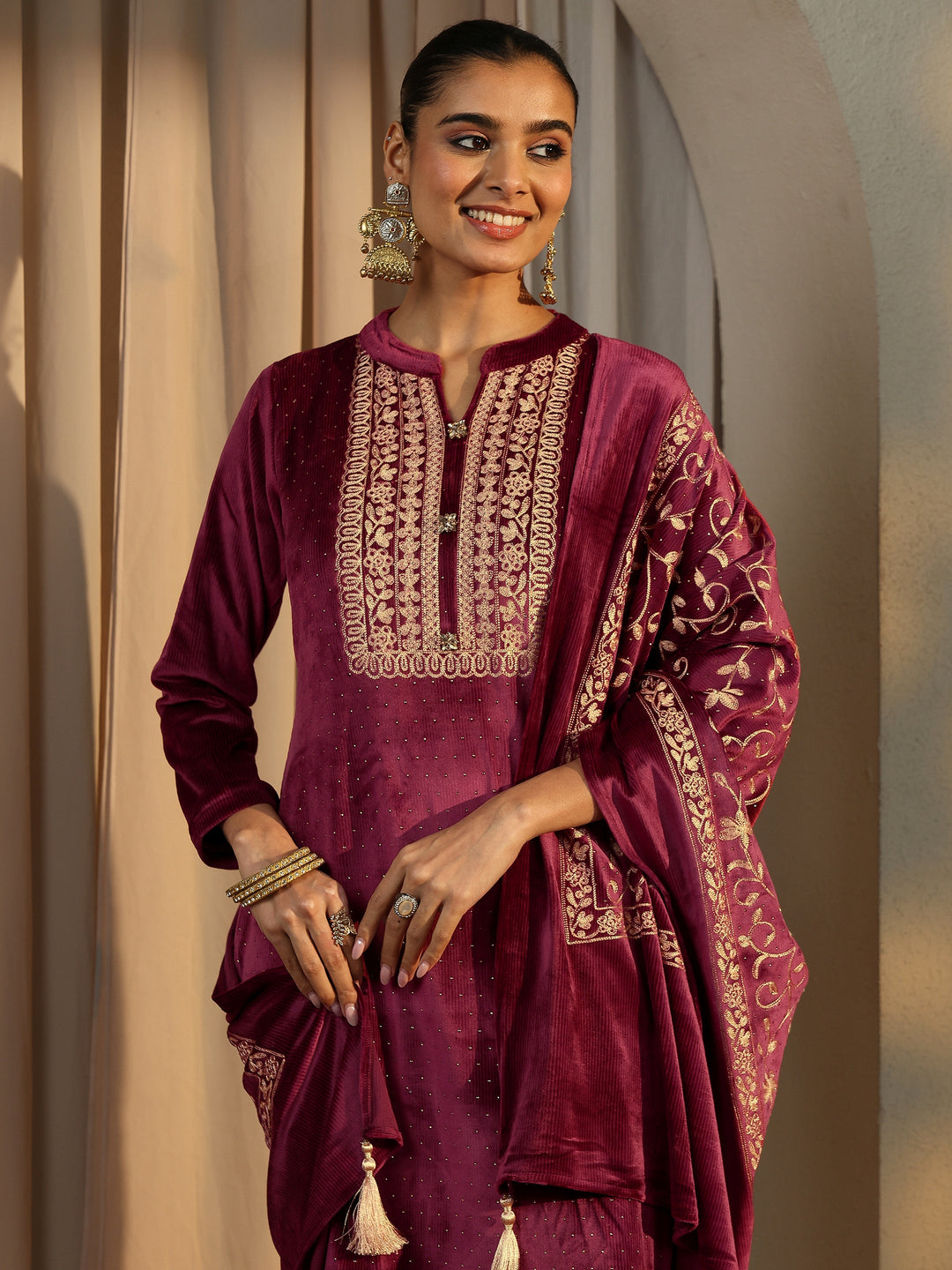 Maroon Embroidered Velvet Straight Suit Set With Dupatta