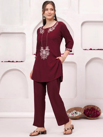 Maroon Embroidered Wool Blend Tunic With Trousers - Libas
