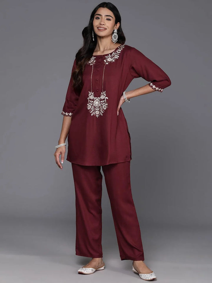 Maroon Embroidered Wool Blend Tunic With Trousers - Libas