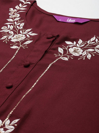Maroon Embroidered Wool Blend Tunic With Trousers - Libas