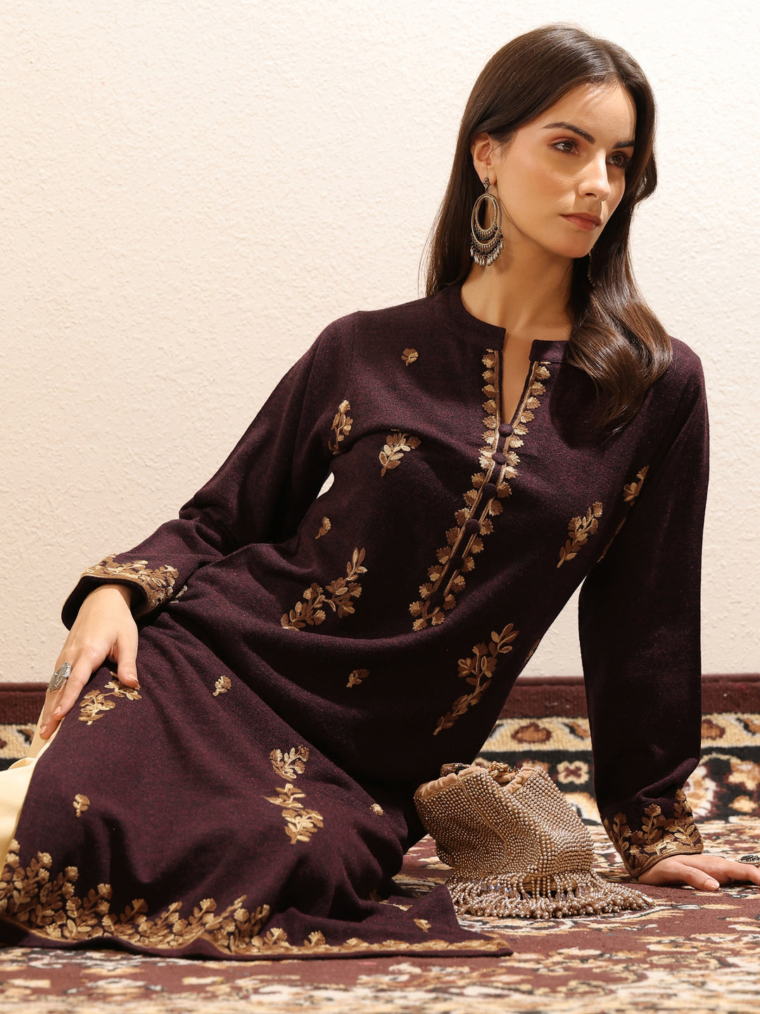  Maroon Embroidered Wool Straight Kurta 