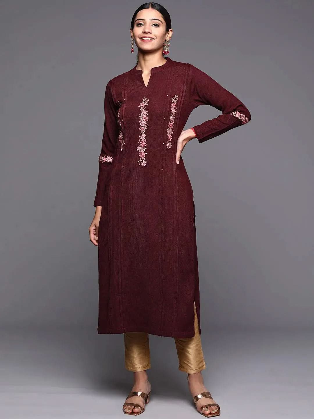 Maroon Embroidered Wool Straight Kurta - Libas 