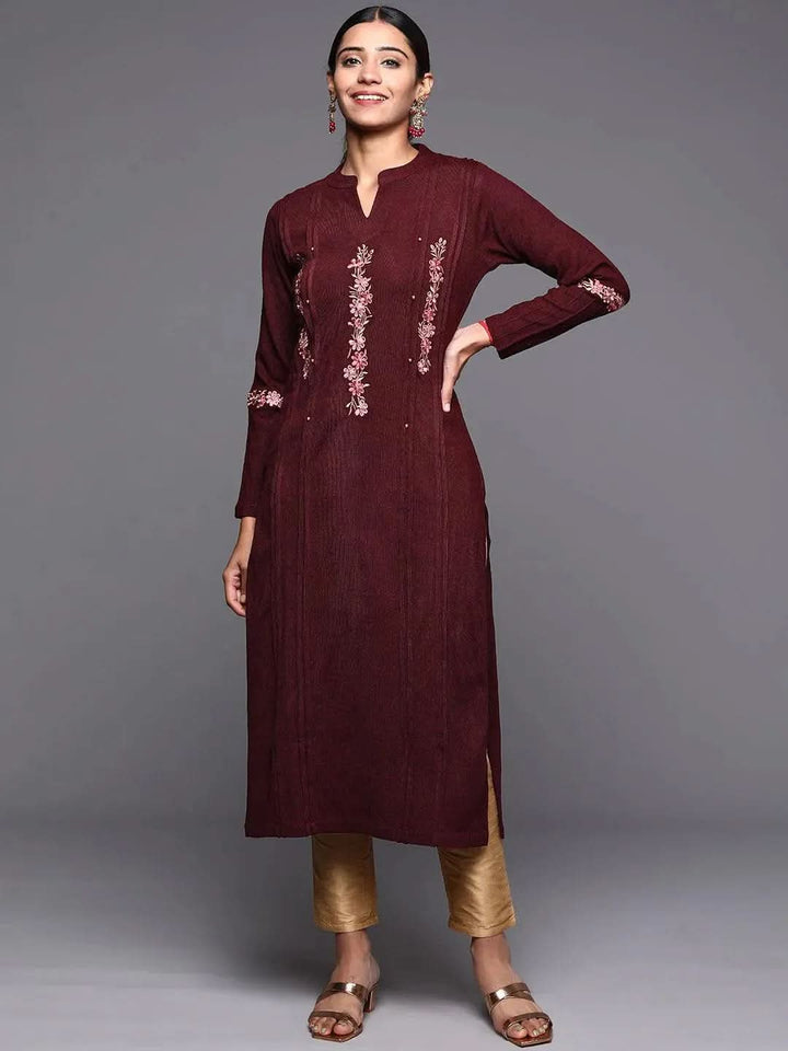 Maroon Embroidered Wool Straight Kurta - Libas