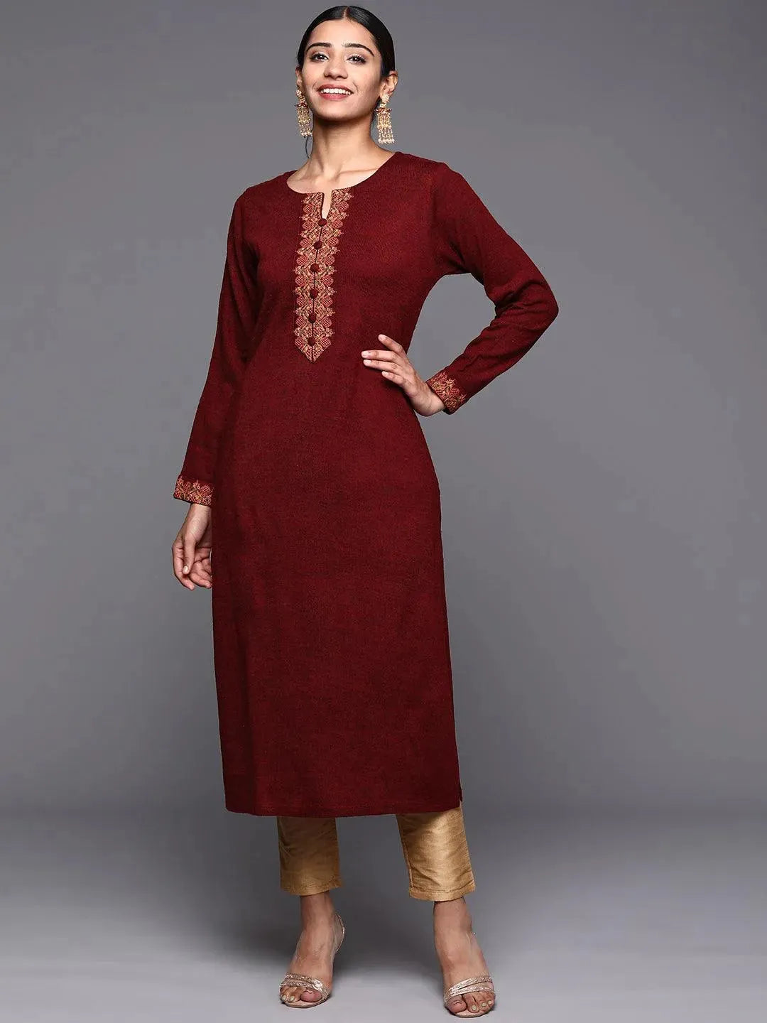 Maroon Embroidered Wool Straight Kurta - Libas