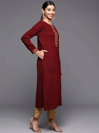 Maroon Embroidered Wool Straight Kurta - Libas