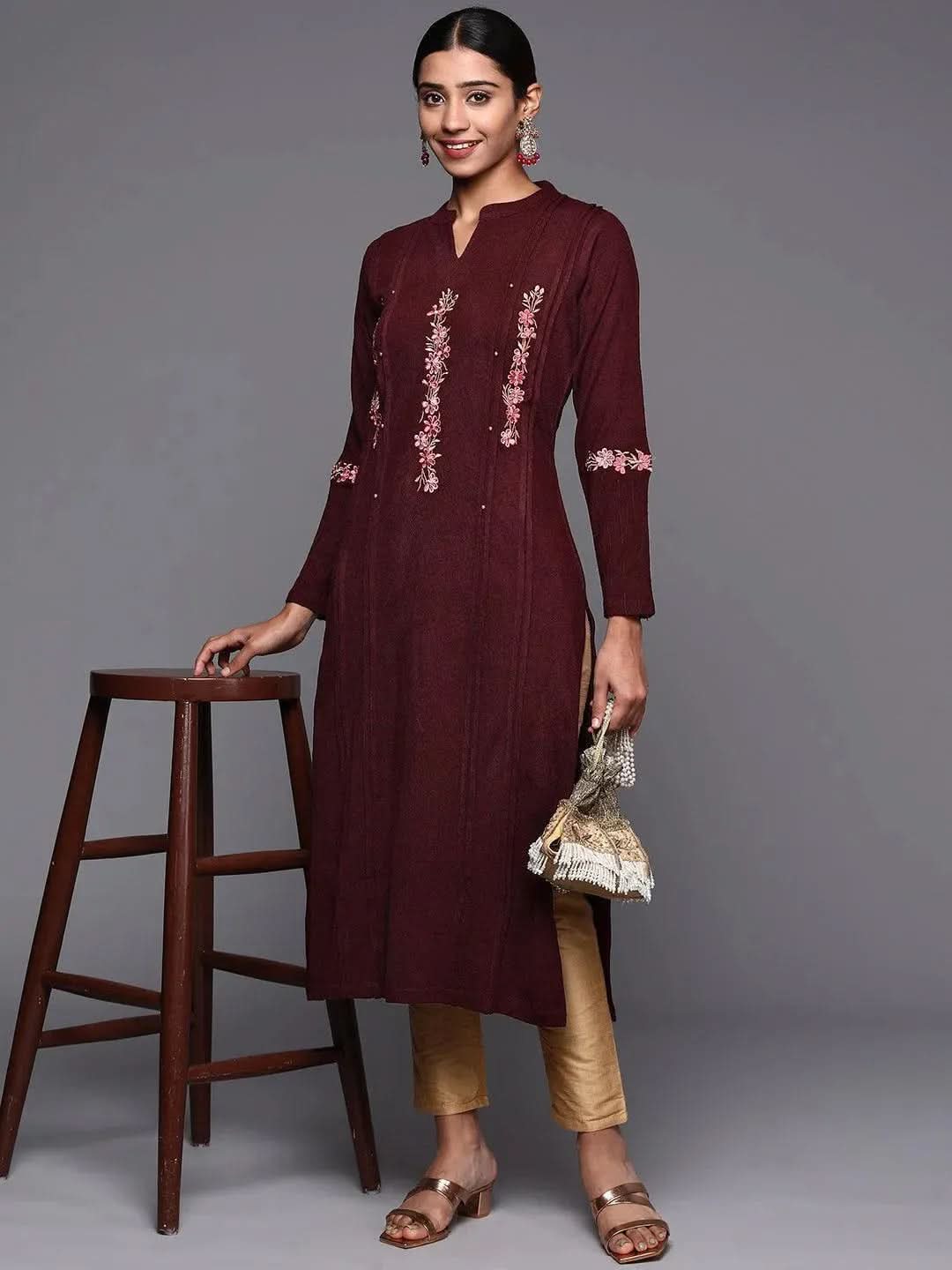 Maroon Embroidered Wool Straight Kurta - Libas 