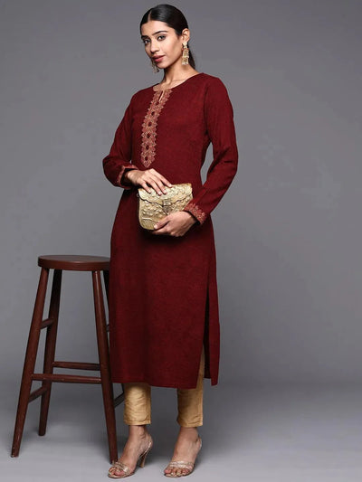 Maroon Embroidered Wool Straight Kurta - Libas