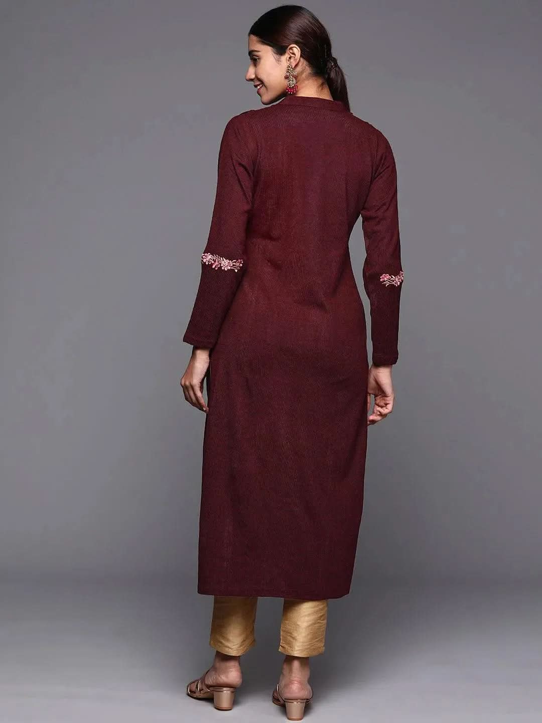 Maroon Embroidered Wool Straight Kurta - Libas 