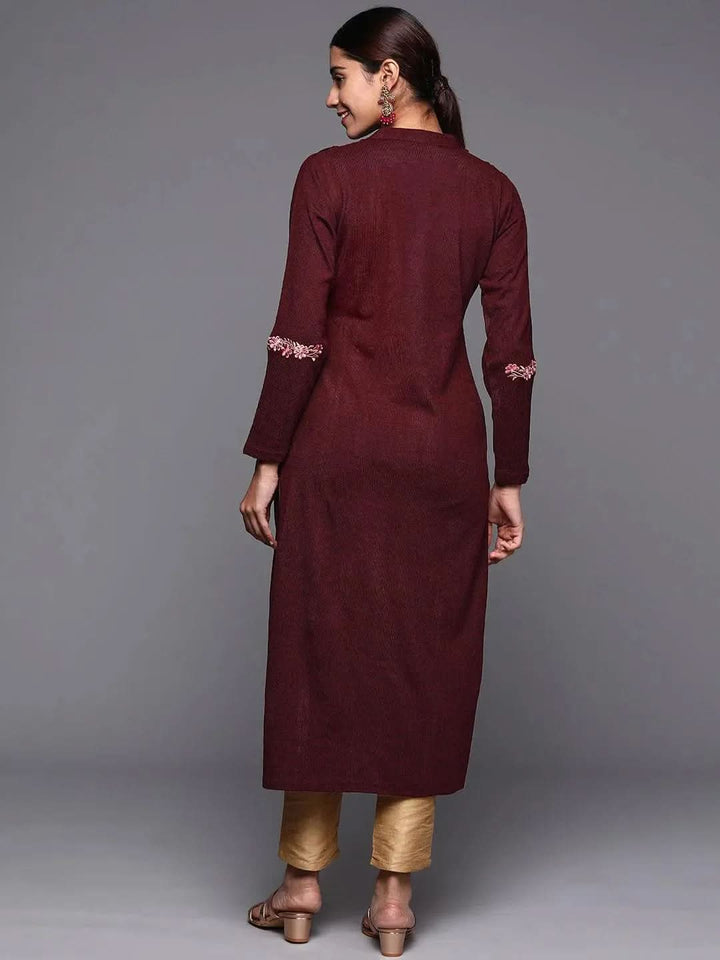 Maroon Embroidered Wool Straight Kurta - Libas