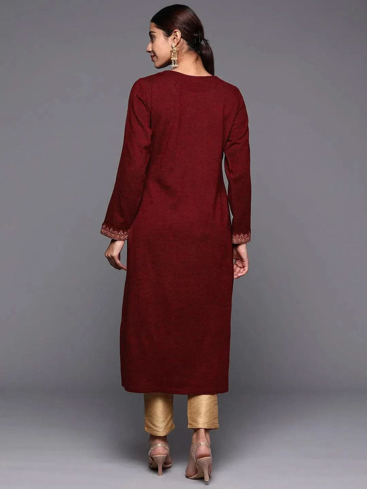 Maroon Embroidered Wool Straight Kurta - Libas
